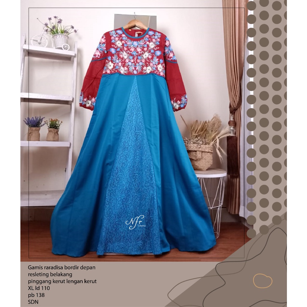 gamis katun bordir raradisa hiasan brukat biru merah XL ld 110 pb 138