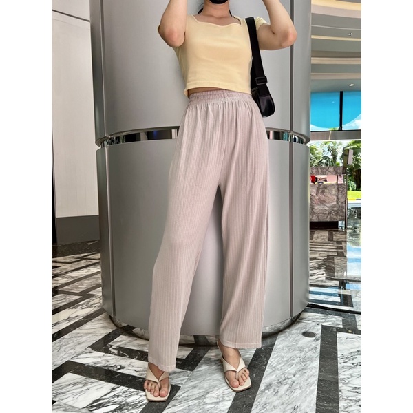 Hyerin pants/celana kulot wanita/celana panjang wanita/celana high waist/celana semi rib/celana santai/celana kekinian/celana knit/kulot knit-Ivory