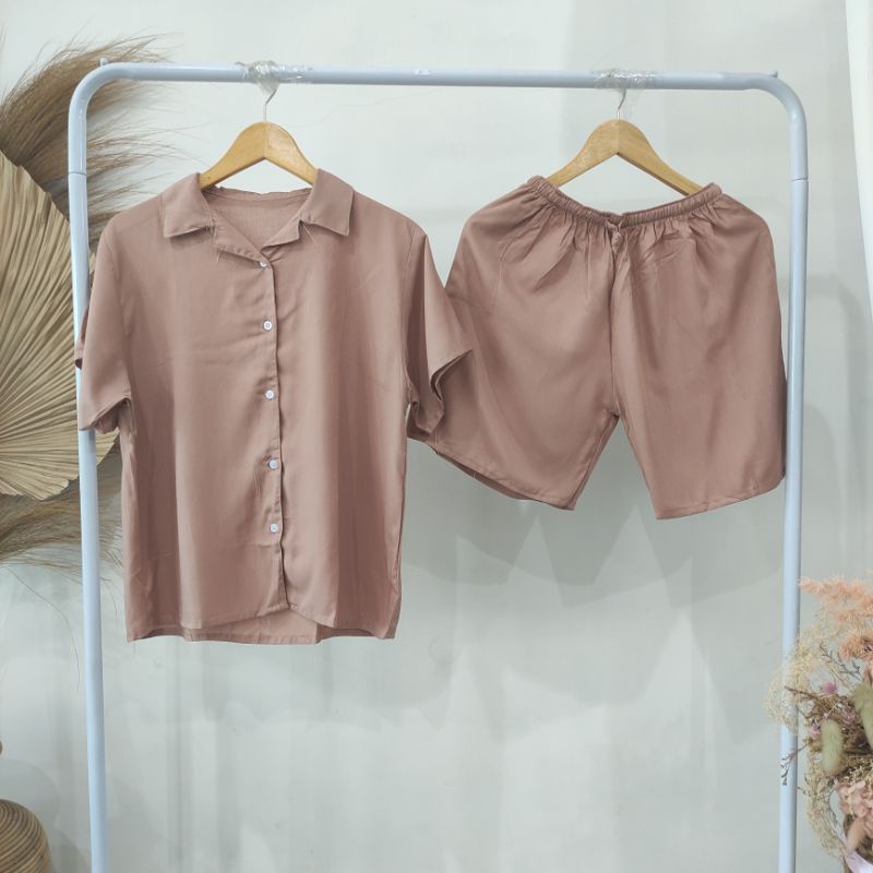 PIYAMA KANCING PENDEK | PIYAMA RAYON | BAJU TIDUR RAYON-KCB COKLAT