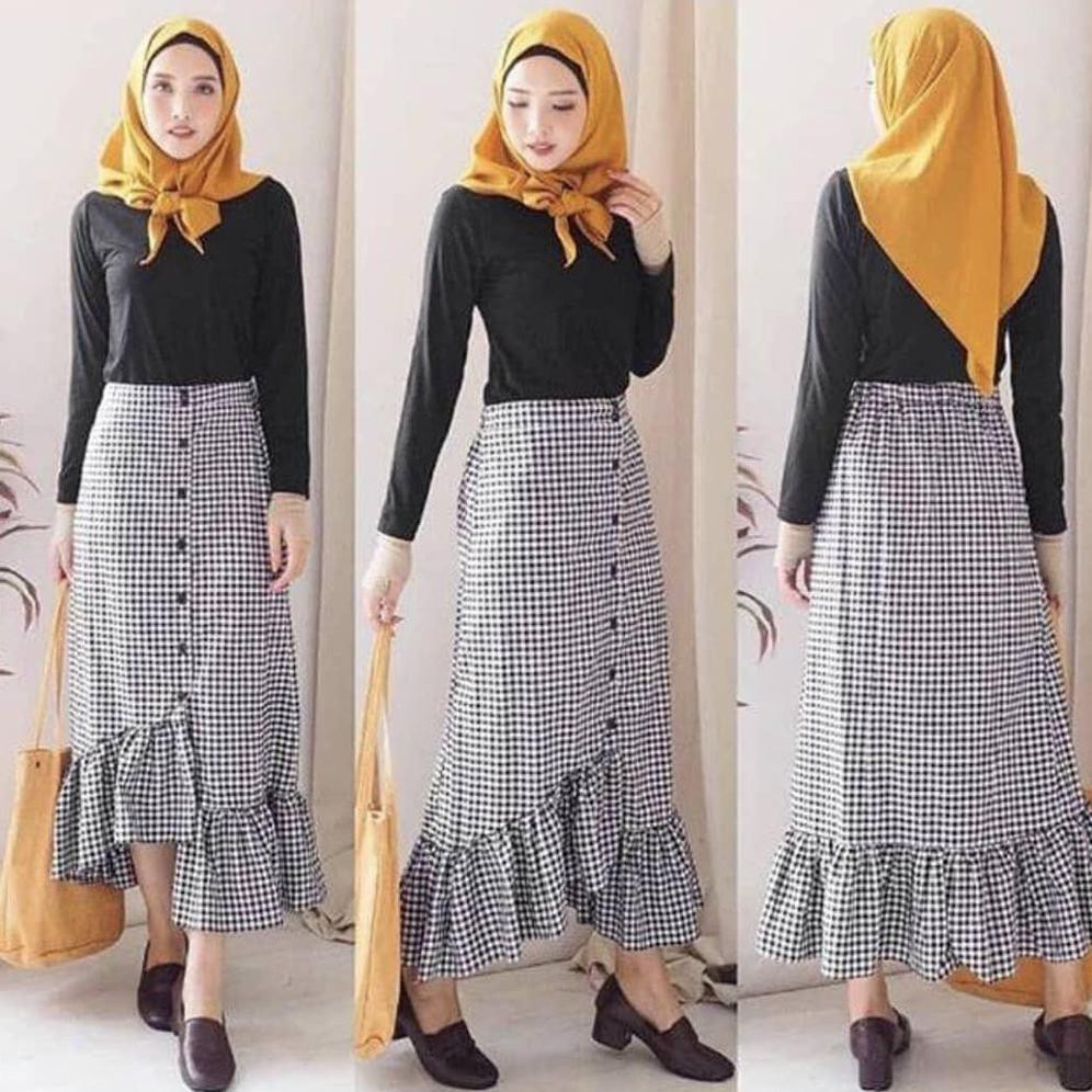 SATURIA - Korean highwaist skirt ruffle tartan skirt rok cewek import murah maxi skirt