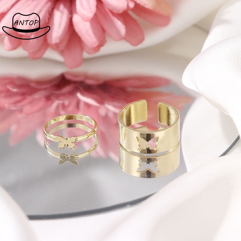 2pcs / Set Cincin Desain Kupu-Kupu Hollow Gaya Retro Untuk Pasangan ANTOP