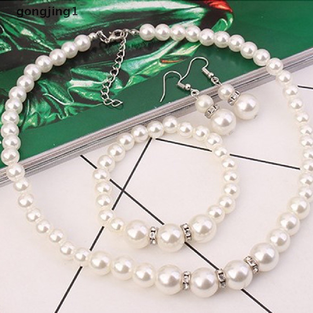 Set Perhiasan Kalung Gelang Anting Mutiara Kristal Untuk Hadiah Pernikahan Wanita