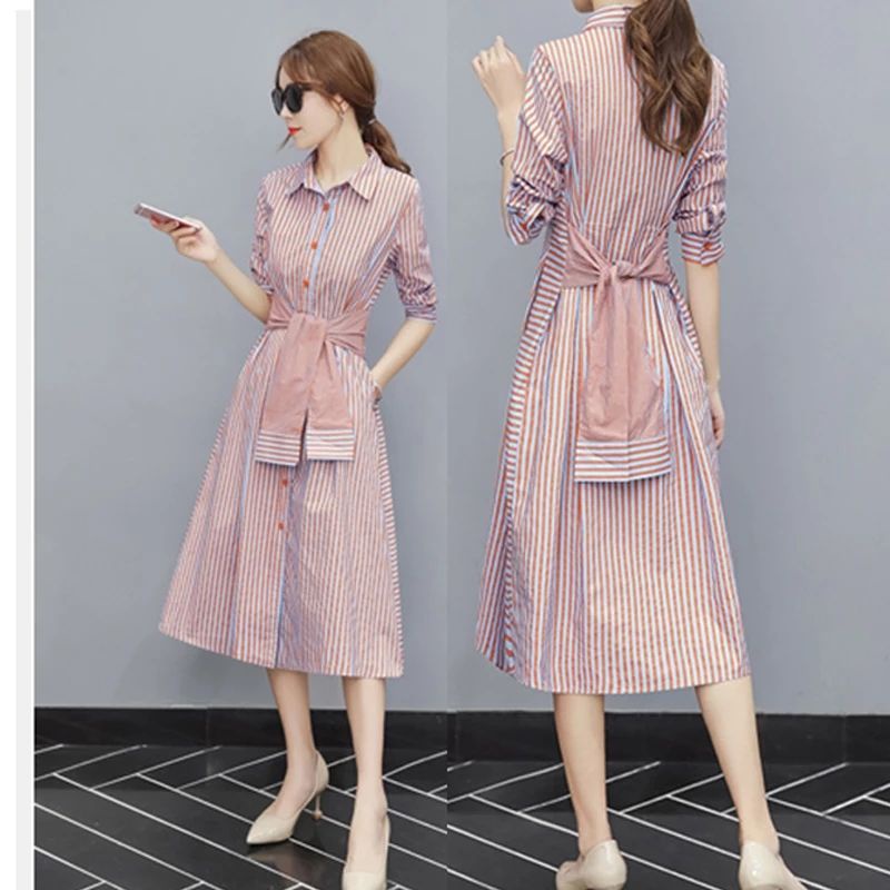 dress 7/8 midi wanita import baju tali pinggang garis kemeja lengan panjang