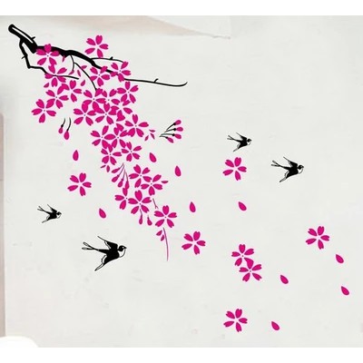 Stiker Dinding Gambar Burung Walet Warna Hitam Bunga Sakura