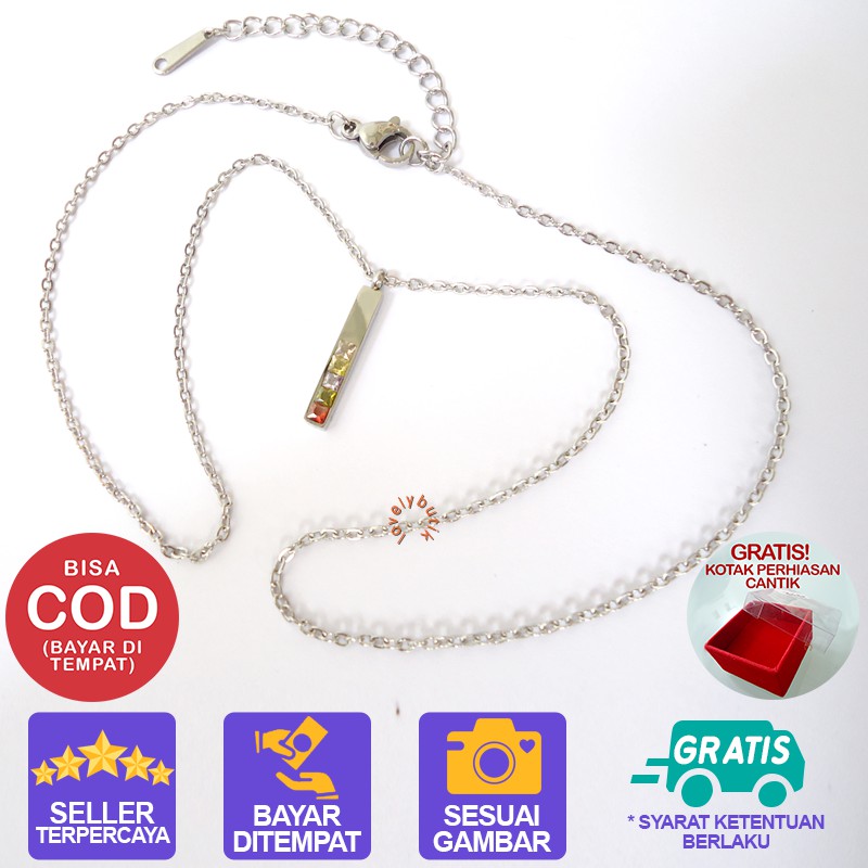 Lovelybutik Kalung Titanium Wanita Putih Liontin Bar Permata Murah BONUS KOTAK PERHIASAN