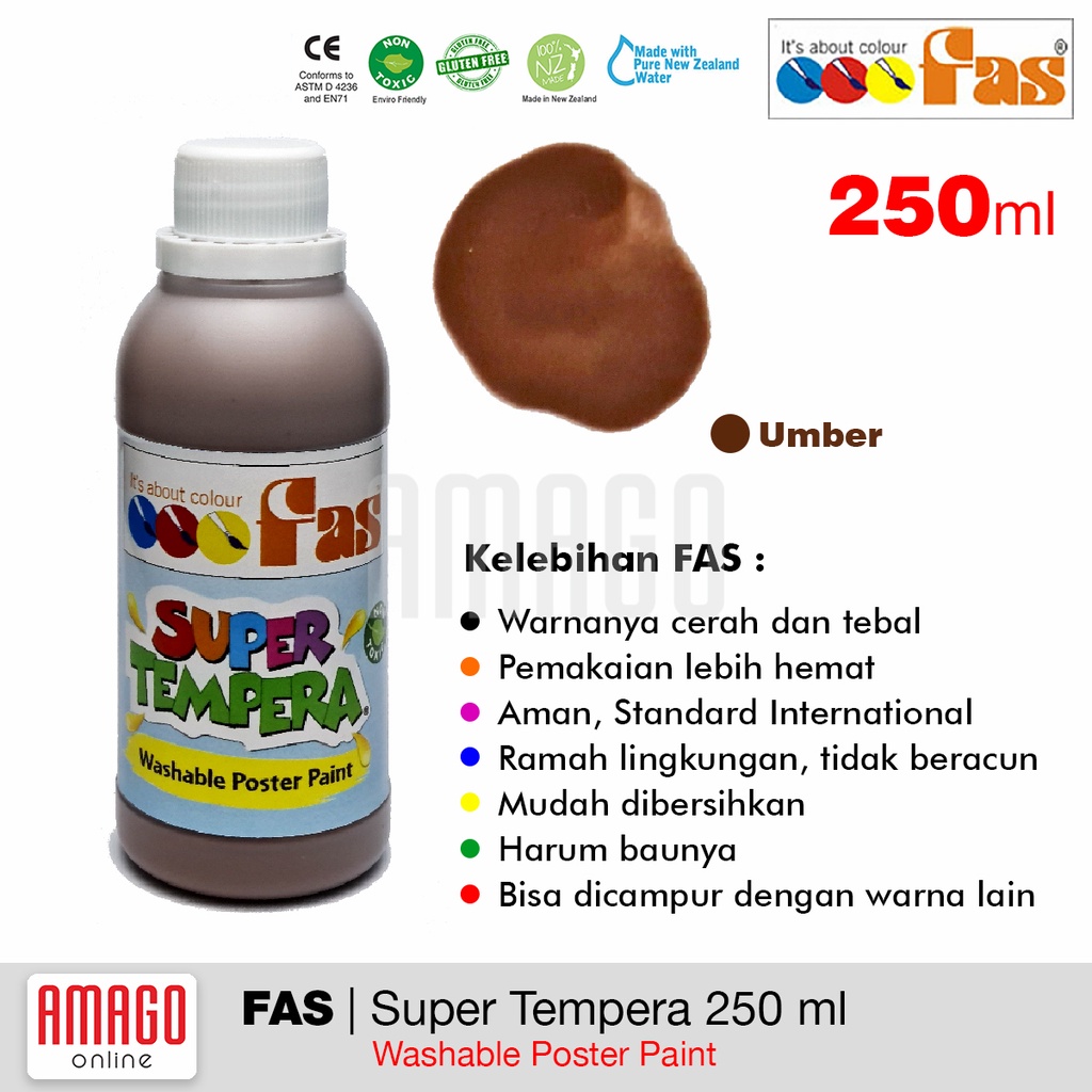 FAS Super Tempera Washable Poster Paint Cat Lukis Cepat Kering Sekolah 250 ml - warna Umber (Coklat Tua)