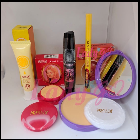 TERLARIS - Paket 5 IN 1 Kelly Kosmetik Plus Eyeliner Kuning &amp; Mascara Hitam - Kelly Pearl Cream 5 gr - Kelly Beauty Powder 22,5gr - Kelly Lemon Soap 15gr ORIGINAL BPOM