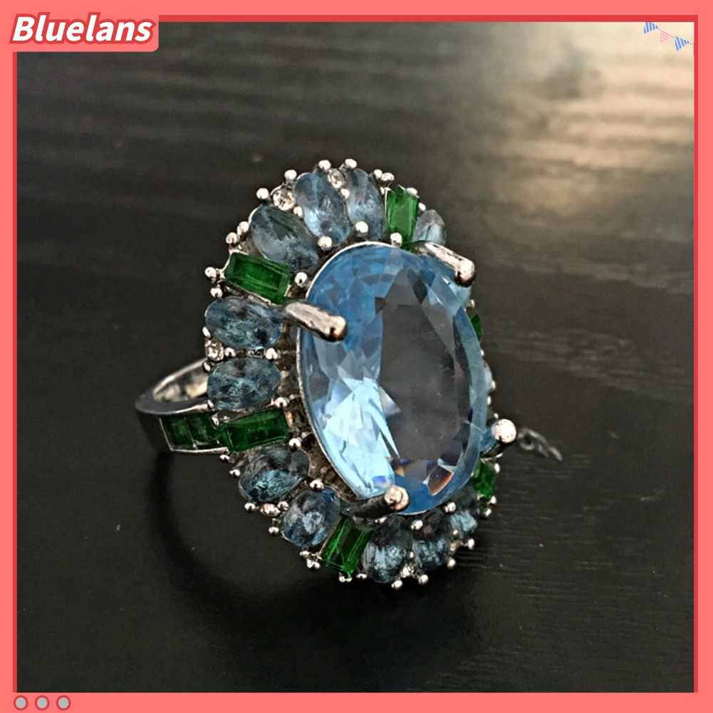 Cincin Wanita Desain Bunga Zamrud Aquamarine Imitasi Untuk Pesta Pernikahan