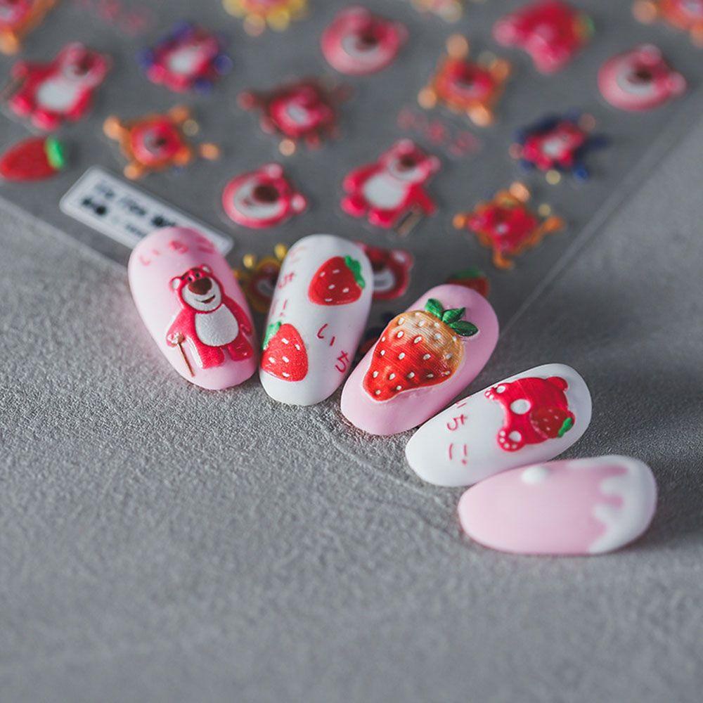 Agustina Beruang Nail Art Stiker Kartun Ultra-Tipis Strawberry Beruang Kepala Aplikasi Relief Manicure Aksesoris