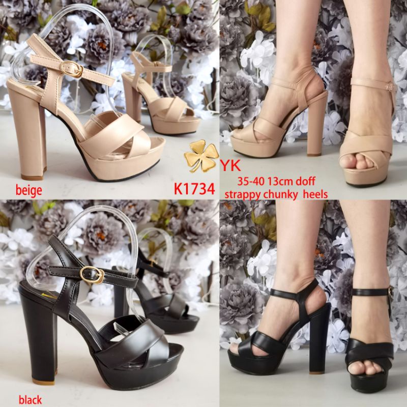 YKshoes 1734 big chunky heels 13cm matte sntetis strappy black beige heels sepatu hak tali 1609 hak 