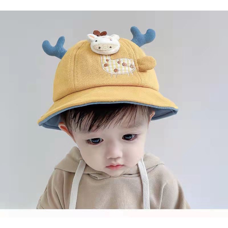 Topi Bulat Bayi Jerapah Tanduk Giraffe 3D Bucket Hat Baby Import Topi Anak Lucu Unisex 0 - 2 Tahun