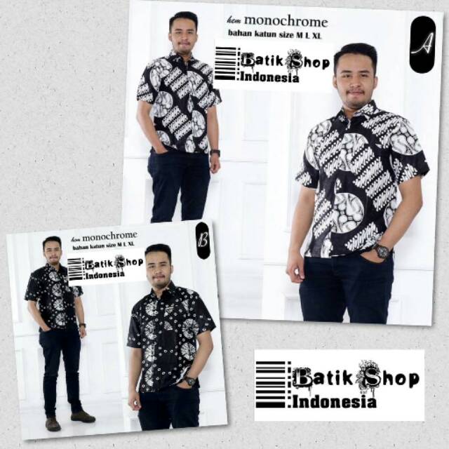 Hem Monochrome Batik Motif Hitam Putih Baju Pria Kemeja Kantoran Formal Pendek Monokrom Mono Seragam