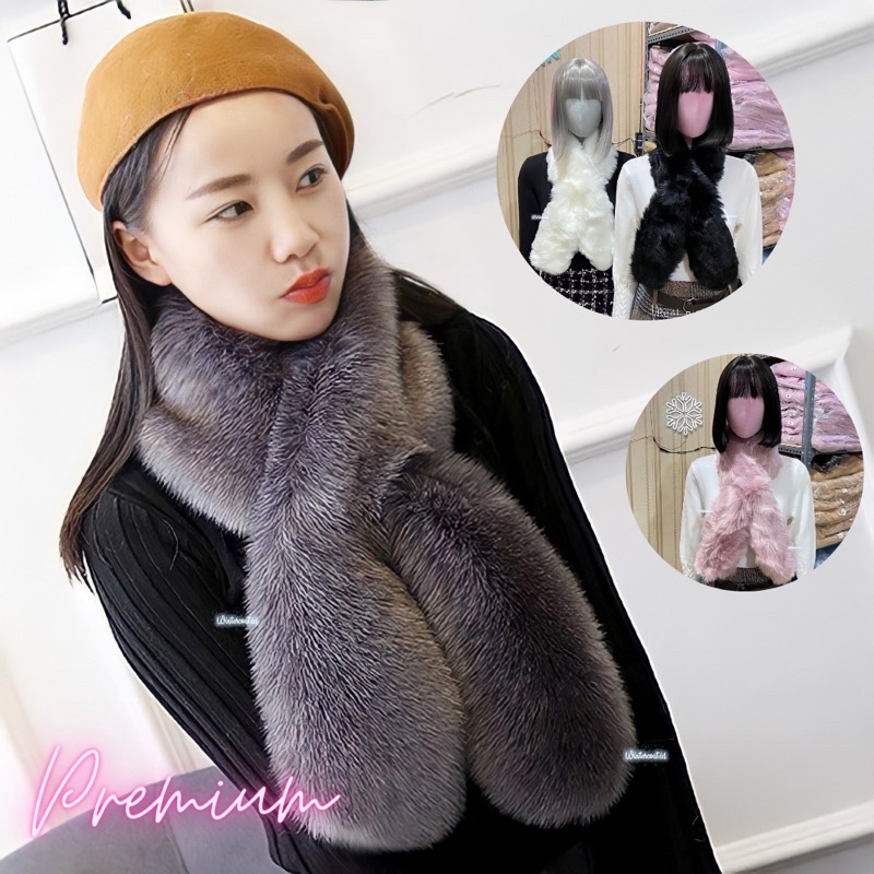 Premium fur scarf winter wanita tebal import clara hangat syal bulu high quality korean style kawaii musim dingin