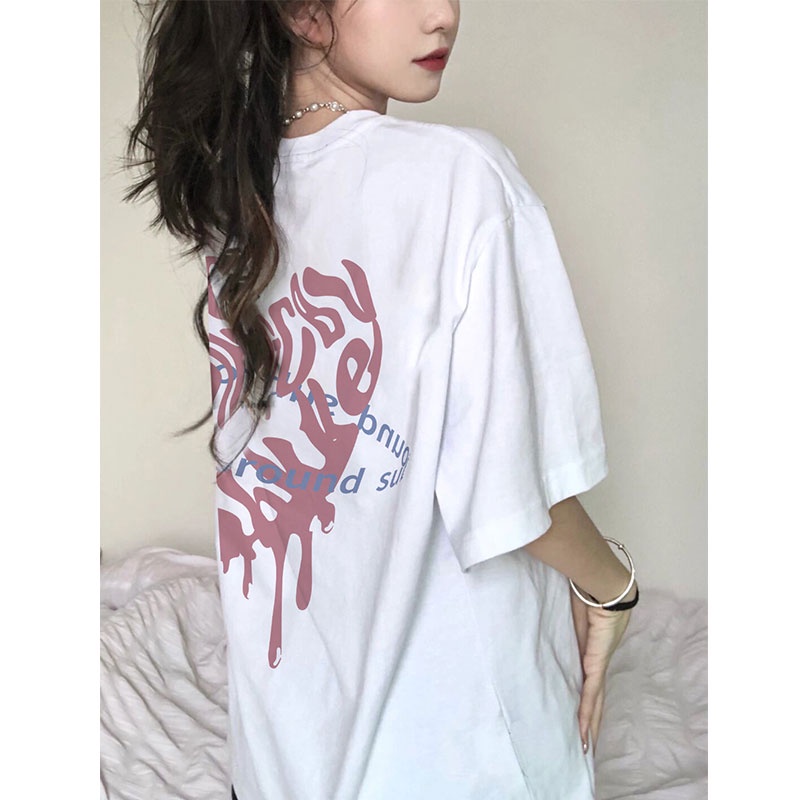 EUNII T-shirt Lengan Pendek Cinta Coretan Pencetakan Longgar Korean Style/Kaos Atasan Wanita/Baju Kaus Oversize Wanita