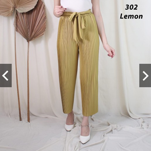 302 KULOT PLISKET PANJANG TALI PINGGANG MODIS FASHION MUSLIM BAWAHAN CELANA POLOS MURAH PLEATEDPANTS-Lemon