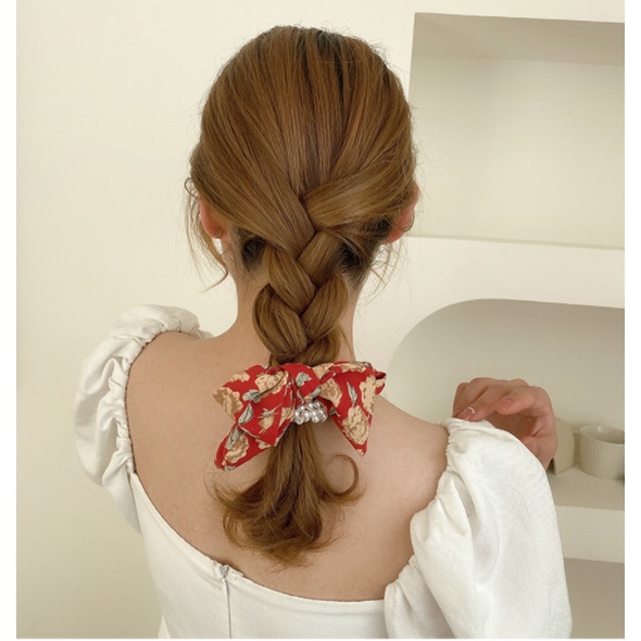 AC066 Ikat Rambut Kain Model Pita Korea Karet Rambut Mutiara dan Polos