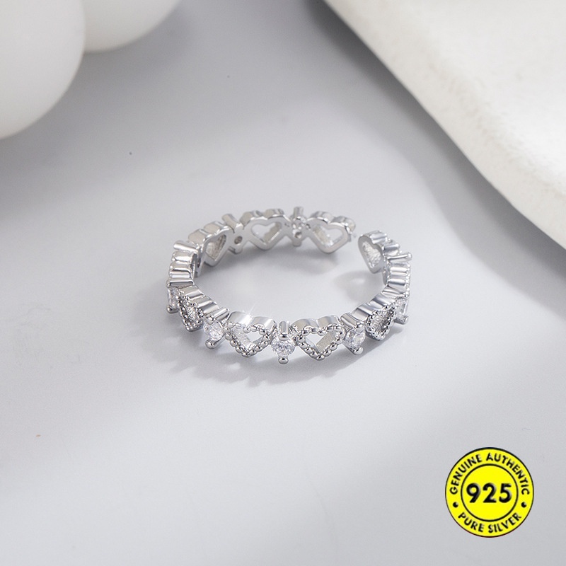 Cincin Model Terbuka Bahan Sterling Silver 925 Desain Hati Hollow Hias Berlian Untuk Wanita