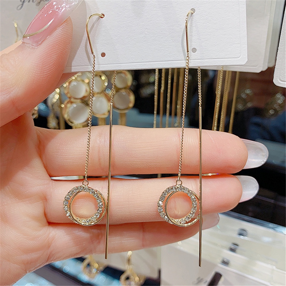 【COD Tangding】Elegant Golden Round Zircon Long Tassel Pendant Earrings Women Fashion Jewelry Accessories