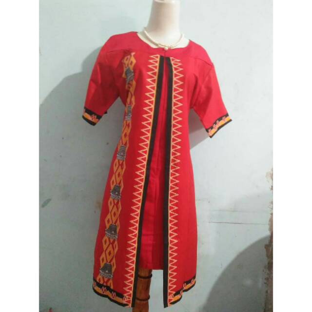 Batik Nias // Dress Batik Motif Rumah Adat jejer Merah 2020
