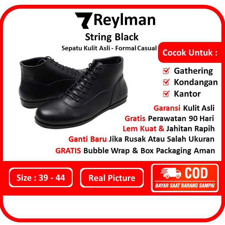 Sepatu Kulit Pria Reylman String Black Casual Kasual Original Ori Asli Boots Boot Terbaru Keren
