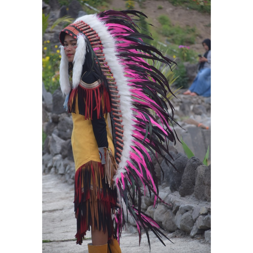 TOPI INDIAN - INDIAN HEADDRESS LONG AYAM BILABONG PINKY FUR PUTIH