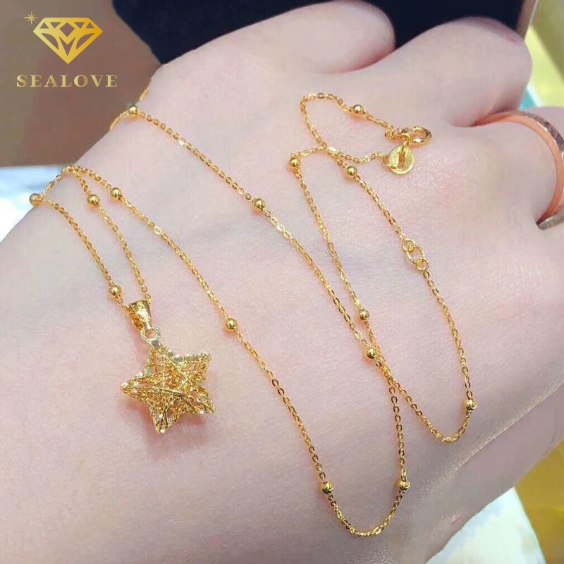 Kalung Titanium Wanita Liontin bintang berujung lima Cantik Lapis emas 18k anti karat perhiasan Korea