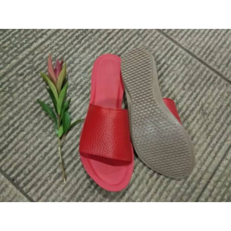Sandal Slop Teplek Wanita Sendal Kokop Wanita Slop Cewek Kekinian Sandal Kulit Papirut Asli Garut-Merah