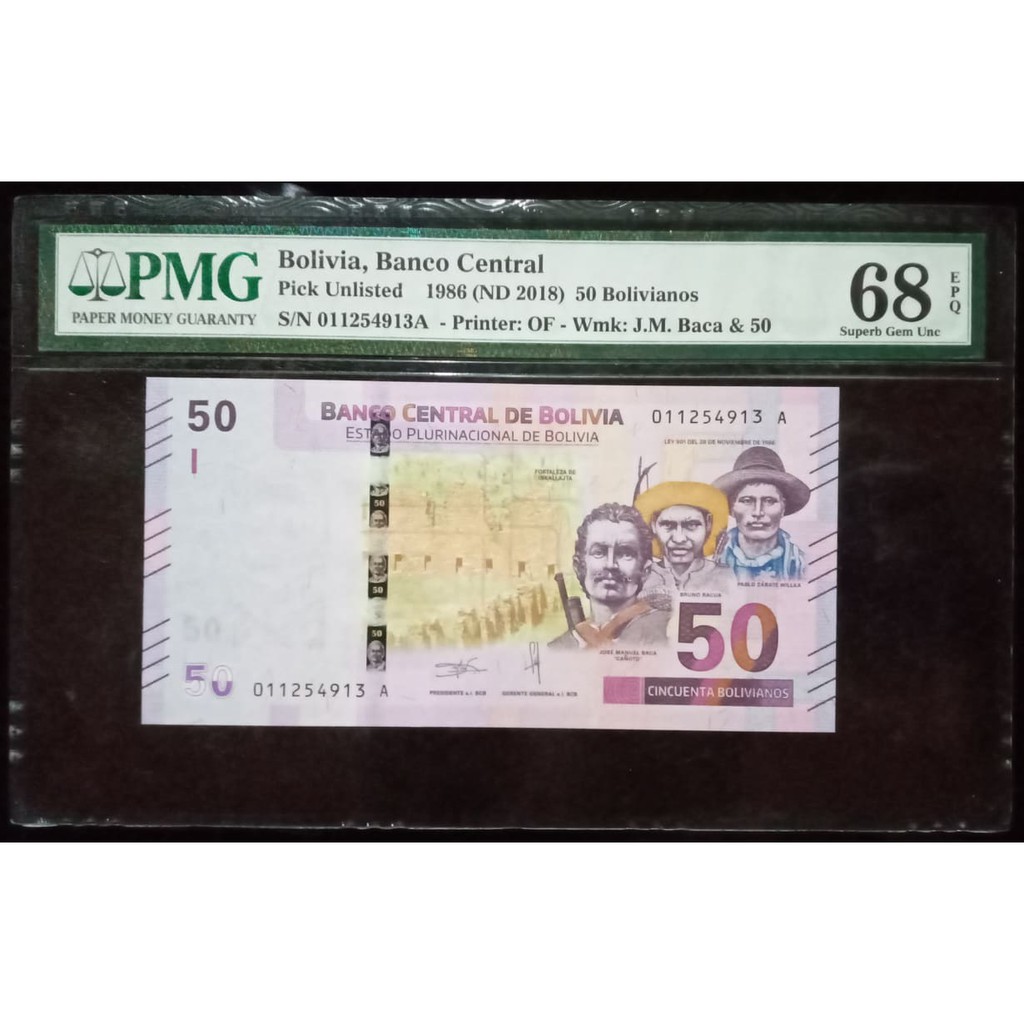 Uang Kuno Bolivia 50 Bolivianos 1986/ 2018 PMG Score 68 EPQ