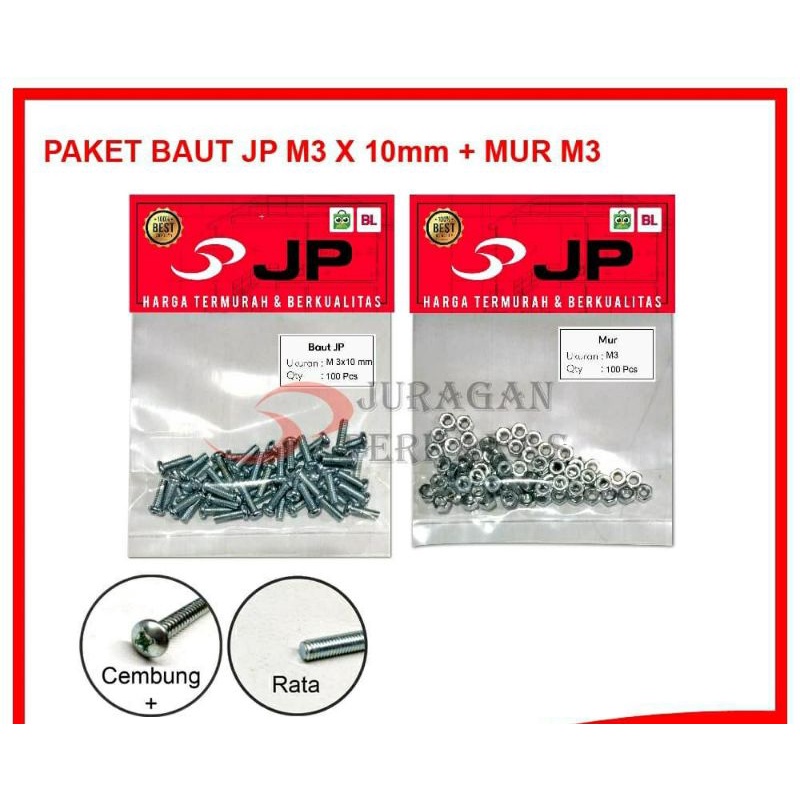 PAKET 2 SET BAUT MUR 3 X 10 / BAUT M 3 X 10mm MUR M3 ISI 100 PCS / BAUT MUR MURAH