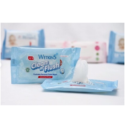 Wetkins Clean &amp; Flush Wet Wipes Tisue Basah Isi 10  &amp; 72 Lembar