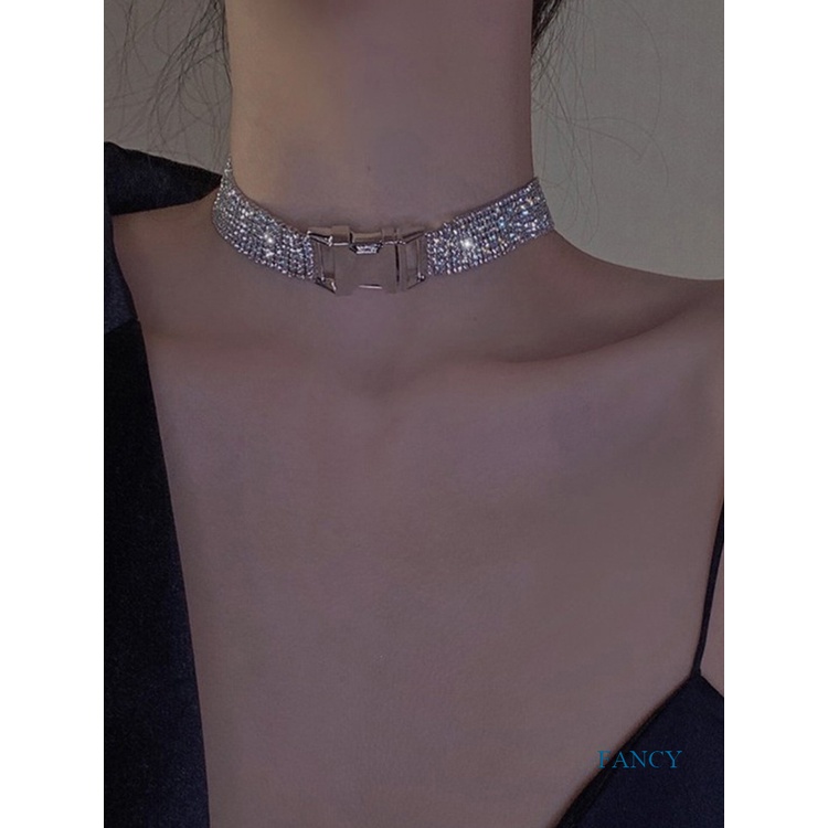 Kalung Choker Berlian Imitasi Warna Silver Untuk Wanita