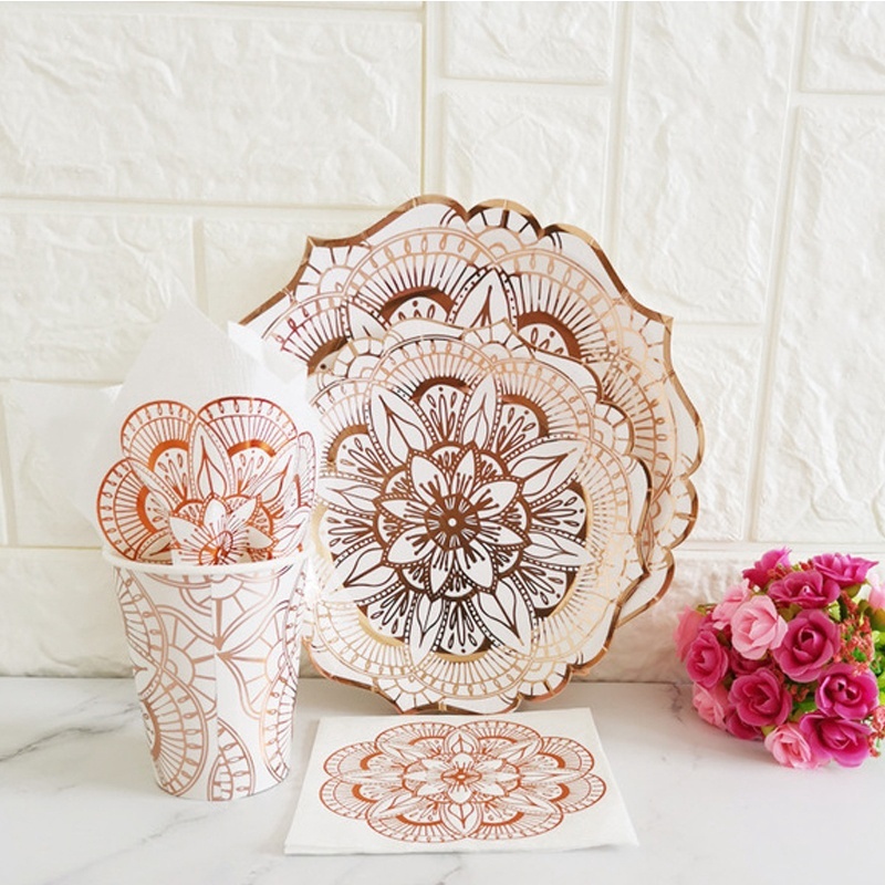 40pcs/set Rose Flower Bronzing Disposable Tableware Paper Plate Cup