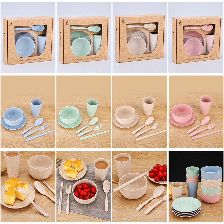 Alat Makan Set Serbaguna 6in1 Bahan Jerami Asli LS113 / MS4 Mangkok Makan Set 4pcs Wheat Straw Bowl 