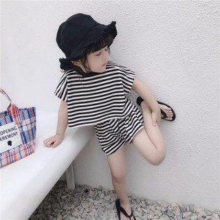 Setelan Kaos  T shirt Garis  Casual Anak  Perempuan Lengan 