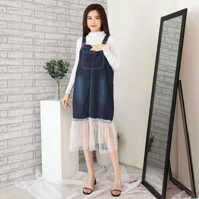 (NEW) DRESS JEANS WANITA MIDI OVERALL KOMBINASI TILE