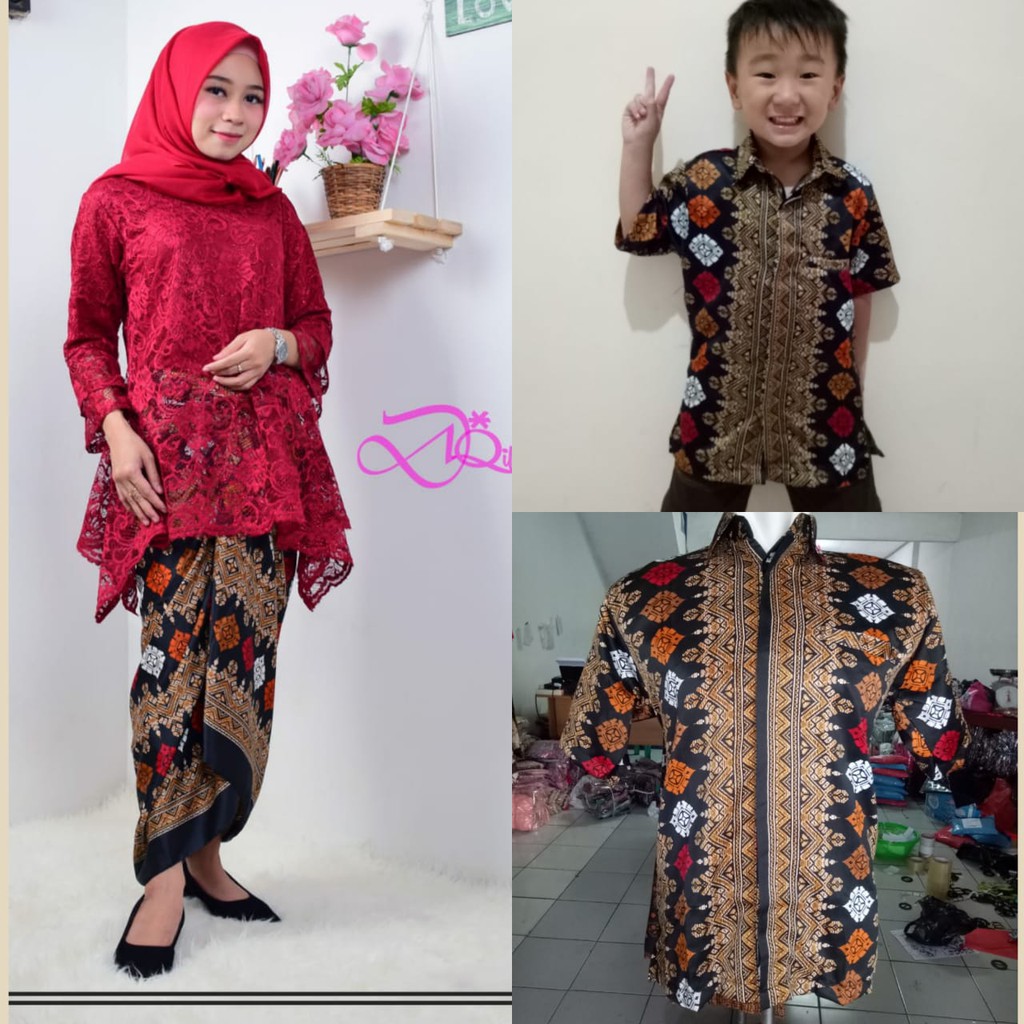 Family Set Couple Sarah Brukat Rok Lilit dan Kemeja Batik Ayah Anak