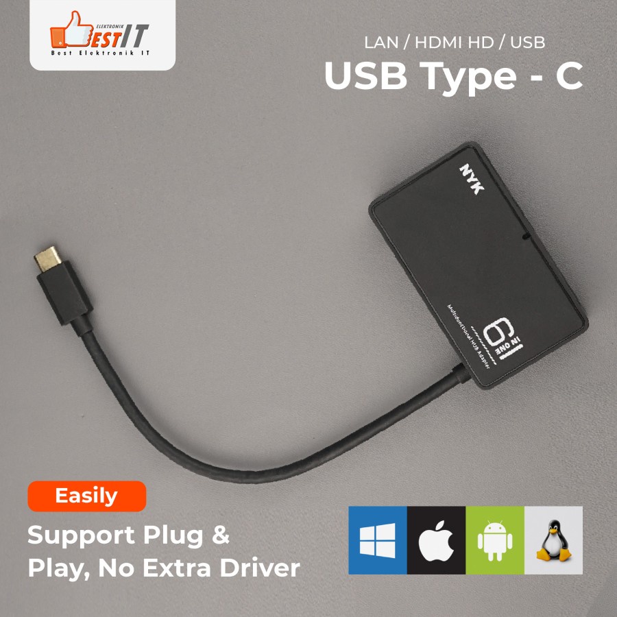 NYK Hub Converter USB Type C HUB 6 in 1 - LAN /4K /USB /Card Read