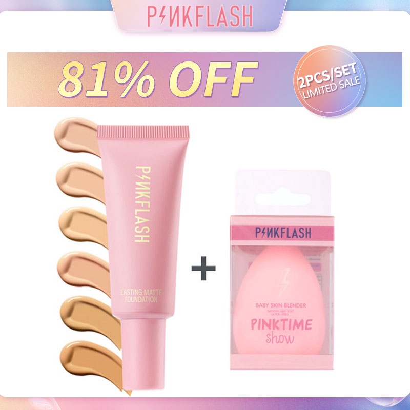 Pinkflash Foundation Matte Full Coverage Tahan Lama Mengontrol Minyak Untuk Makeup 6 Colors with Spons