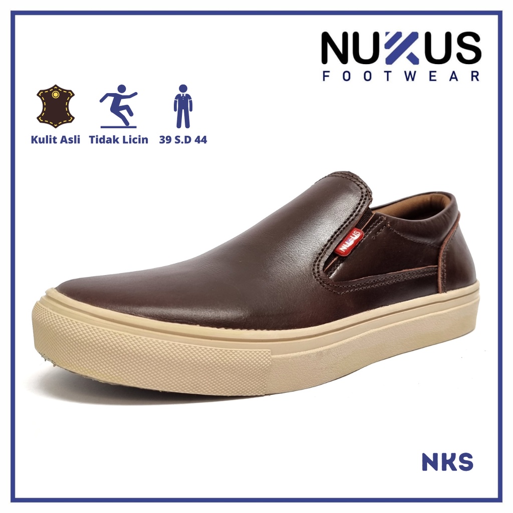 Nukus Sepatu Pria Kasual Slip On Classic Kulit Sapi Asli Coklat , Hitam dan Hitam Putih - NKS