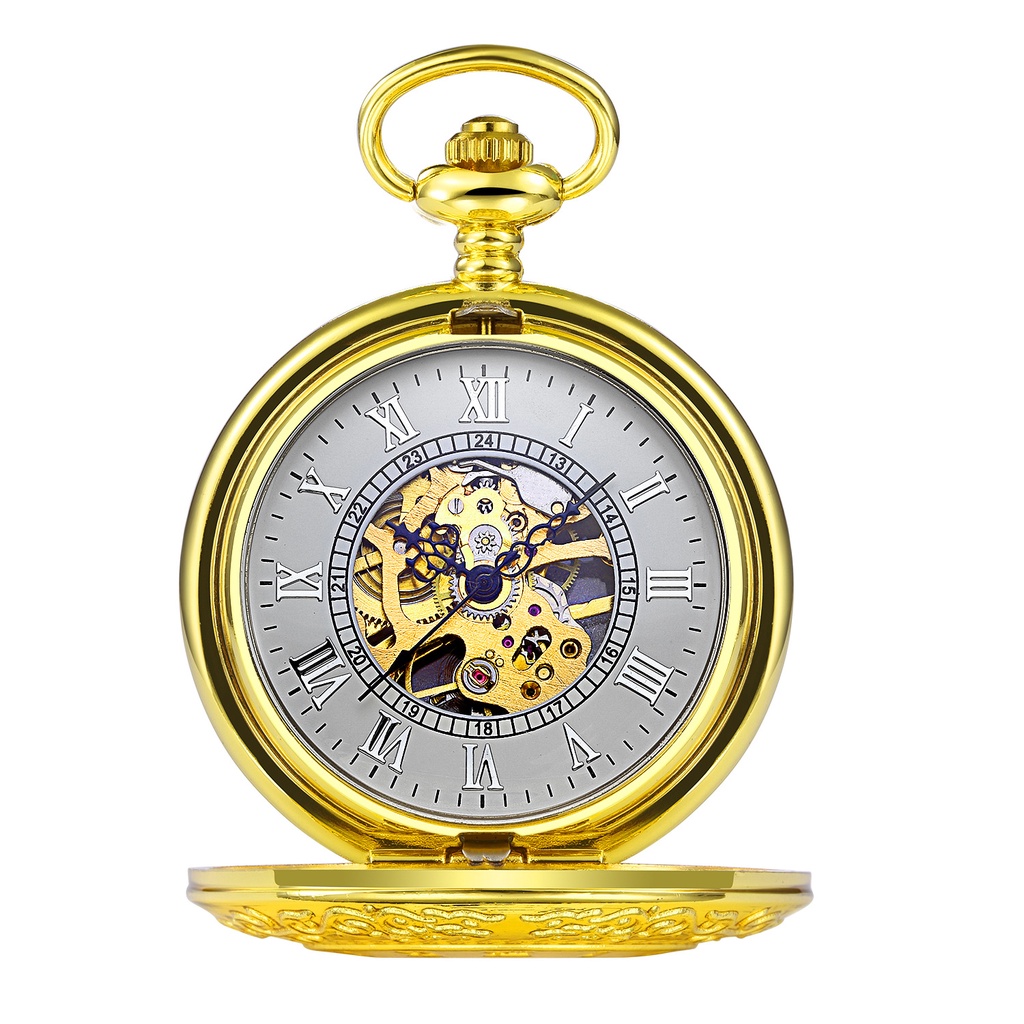 ☏Pabrik penjualan langsung hot retro klasik emas besar skala Romawi clamshell jam saku mekanik
