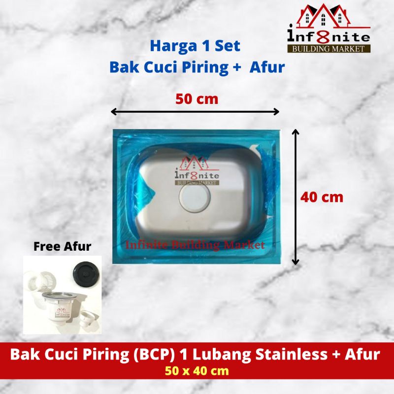 Bak Cuci Piring Stainless 1 Lubang + Afur 50 cm x 40 cm Kitchen Sink BCP