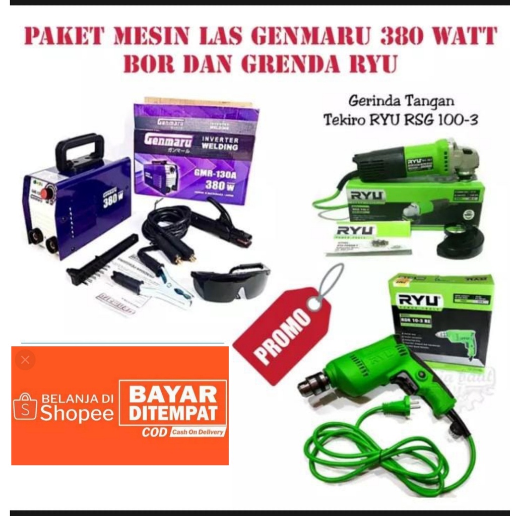 PROMO PAKET TUKANG LAS  MESIN LAS GENMARU 400WAT-GERINDA TANGAN 4INCH KUSUKA-BOR 10MM  kusuka