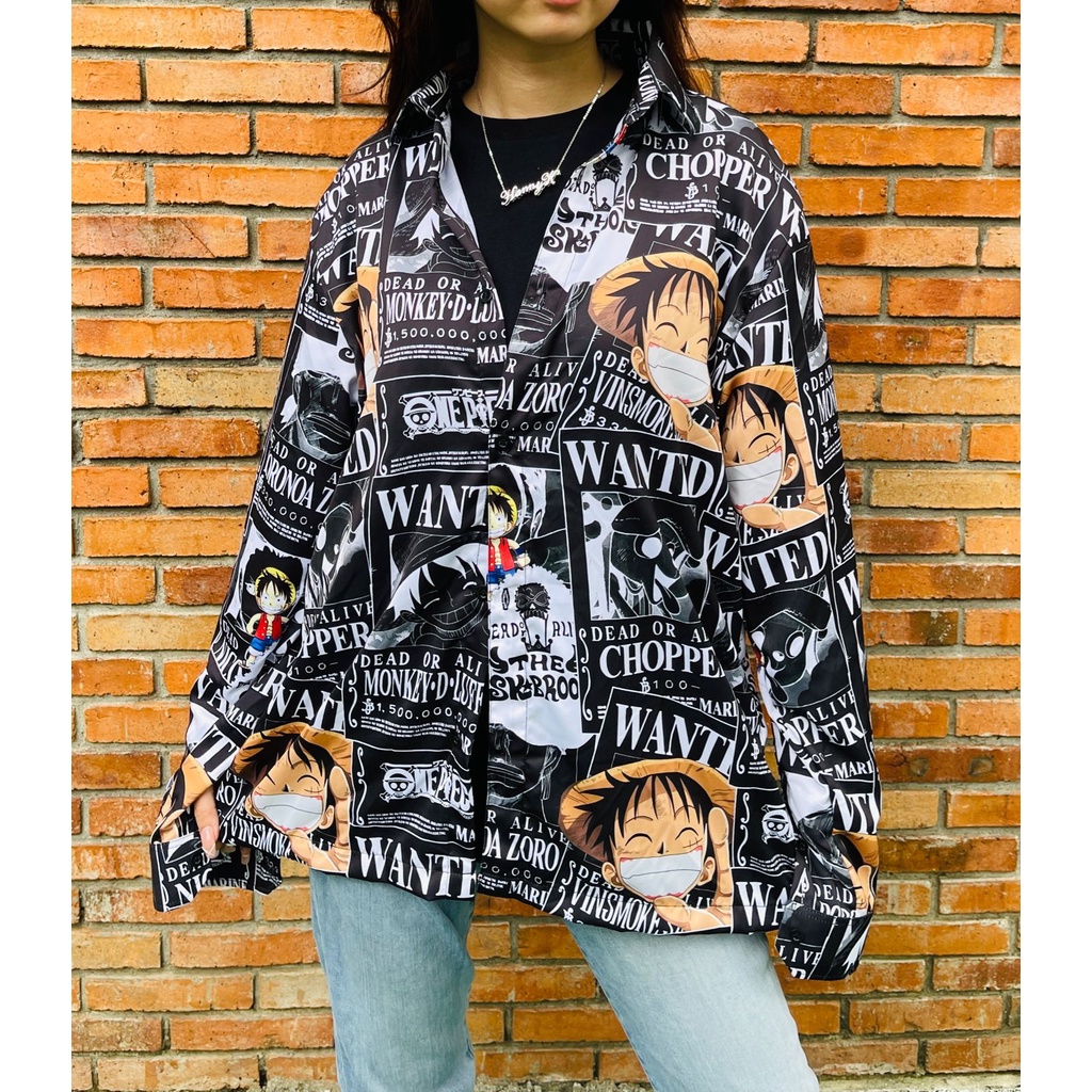 Kemeja Lengan Panjang Luffy Wanted Black