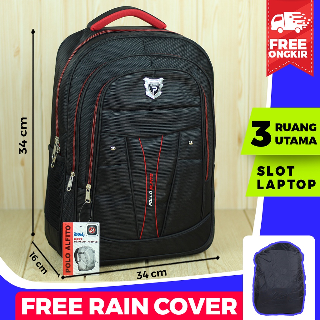 Tas Gendong Pria Alfito Bordir Hitam Merah Back Pack Laptop Keren Kece Free Rain Cover Kuat Awet