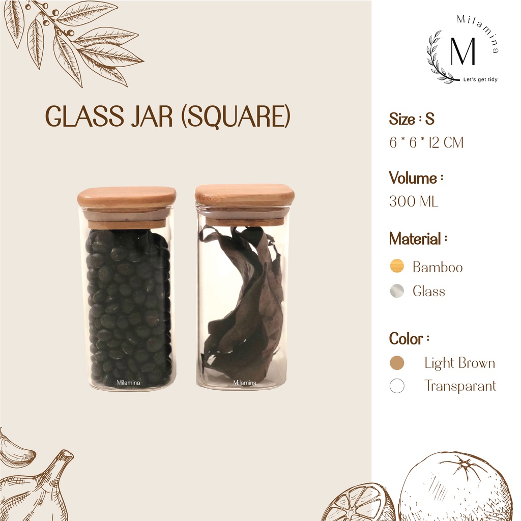 Botol Kotak Tutup Bambu Small 300ml/Toples Kaca/Glass Jar Bamboo