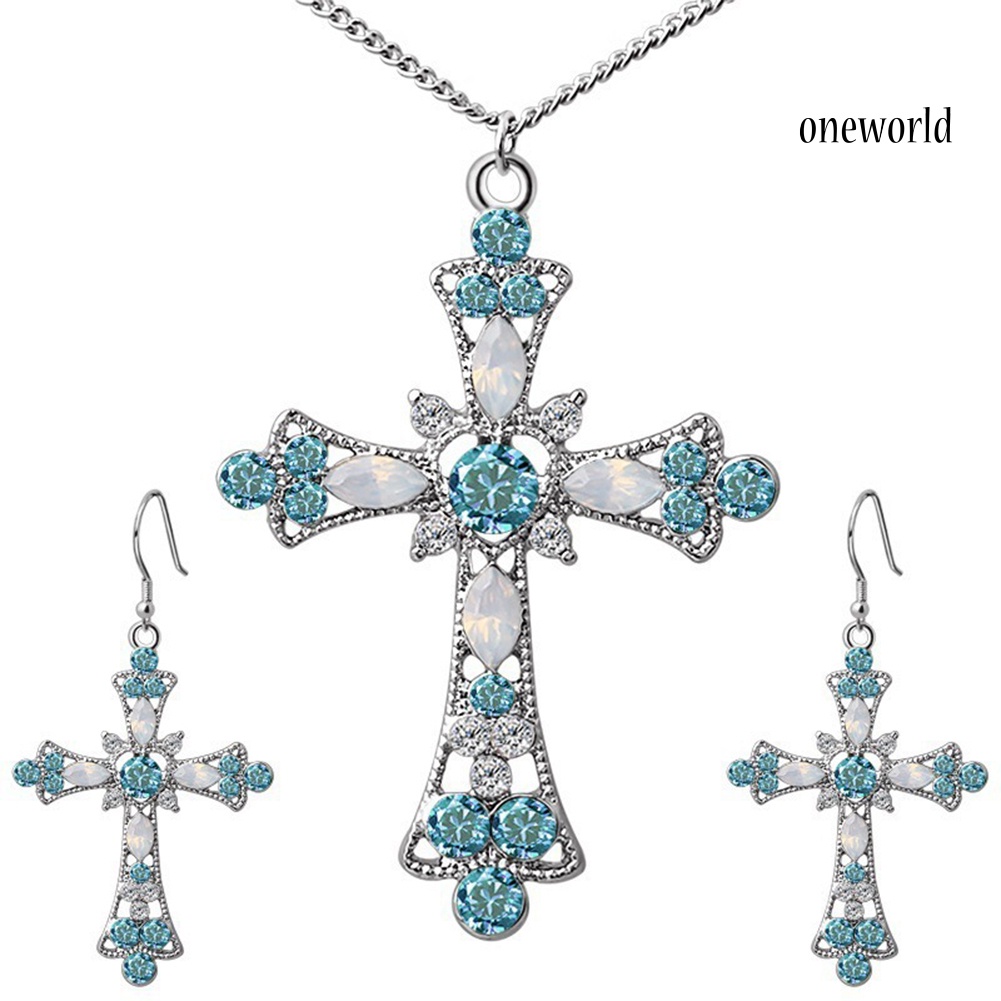 OW@ Women Rhinestone Inlaid Cross Pendant Chain Necklace Hook Earrings Jewelry Set