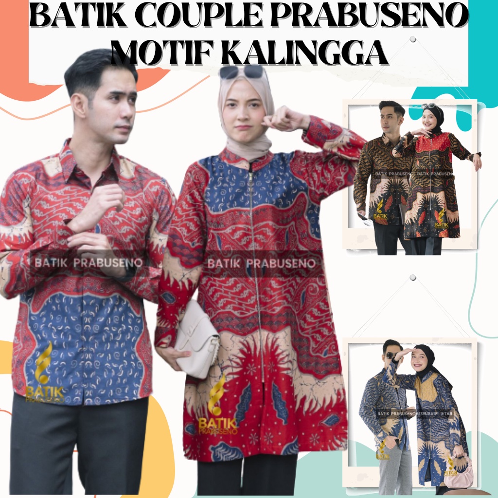 PRABUSENO// Batik Couple Prabuseno Motif Kalingga Warna Merah Biru Hitam Bahan Adem Lengan Panjang B