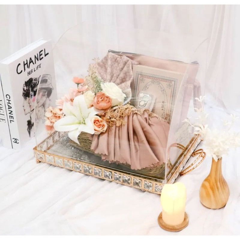 TRAY  MIRROR CRYSTAL GAGANG ISI 3 BUAT HANTARAN AKRILIK SETENGAH OVAL
