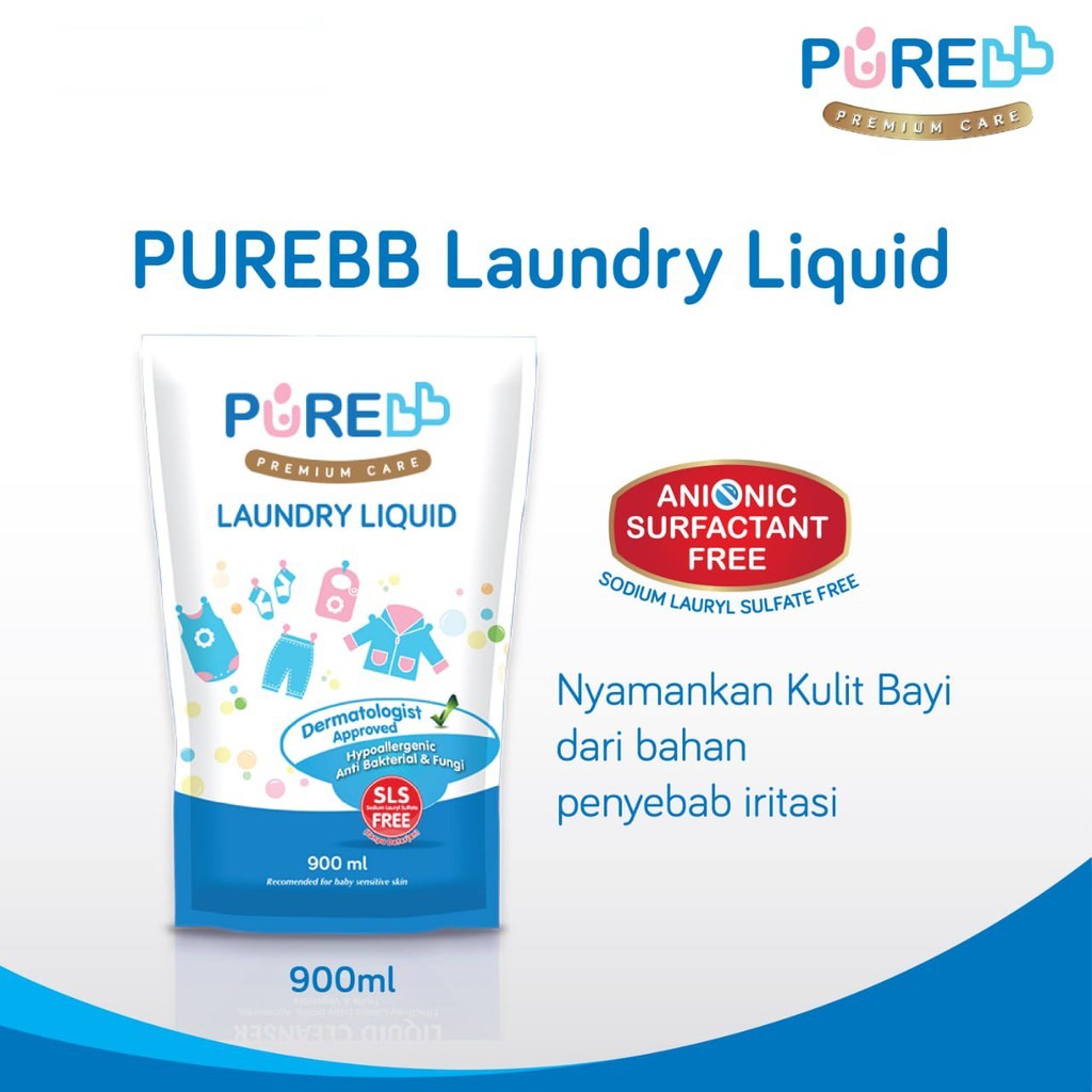 PURE BB Baby LAUNDRY Liquid 900ml Refill - Sabun Cuci Baju Bayi - Refill / Pouch 900 ml - SLS Free