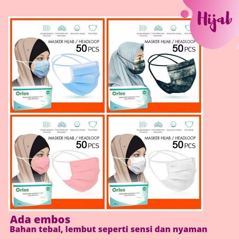 50pcs/box MASKER 3 PLY / MASKER HEADLOOP HIJAB / MASKER HIJAB / MASKER MEDIS / MASKER ORLEE - ALF